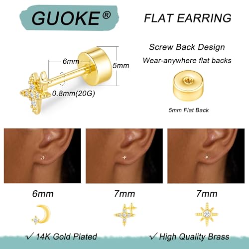 3 Pair Tiny Flat Back Earrings for Women - 14K Gold/White Gold Plated Dainty Cute Small Screw Flatback Stud Earring, Everyday Wear Gift - color: Star&Moon Flat-6/7/7mm Gold