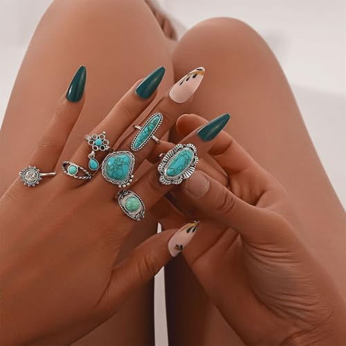 Bohemian Joint Knuckle Rings Set for Women,Vintage Boho Turquoise Stackable Rings Chunky Retro Turquoise Midi Finger Ring Statement Western Jewelry - style: Style E