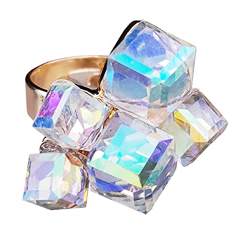 Hebelee Boho Square Crystal Statement Ring for Women Gold-Toned Adjustable Expandable Promise Engagement Geometric Rings Comfort Fit Elegant Art Deco Birthday Christmas Cocktail Party Y2K Jewelry - color: AB Crystal