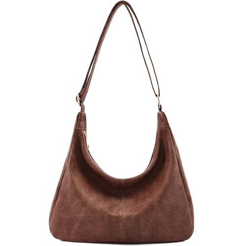 Hobo Bags for Women Foldable Vegan Leather Shoulder Handbag Slouchy Tote Crossbody Purses - color: Brown