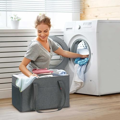 LHZK 2 Pack Utility Tote Bag with Metal Wire Frame and the Sides Rinforced, Large Tote Bag with Handle, Reusable Grocery Bags Foldable, Beach Bag, Car Tote (Grey, 18.5''x11.8''x11.5'') - color: Dark Gray, size: 18.5''x11.8''x11.5''-2 Pack
