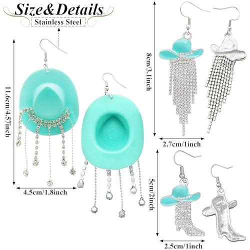 RechicGu 3 Pairs Western Cowgirl Cowboy Hat Earrings Set Silver Symmetric Boots Sparkly Rhinestone Tassels Drop Dangle Rural Culture Earrings Set For Women - color: Silver Boots,Mint Green Hat