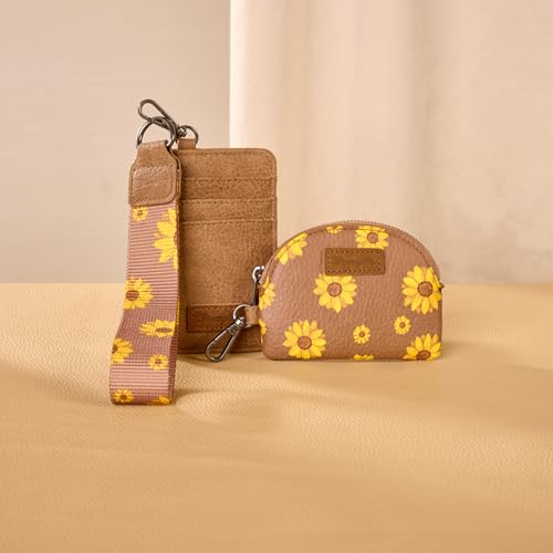 Wrangler KeyChain Wristlet Wallets for Women Sunflower Floral Dual Pouch Wristlet Western Credit Card Holder Wallet with Zipper Pocket - color: Sunflower Khaki