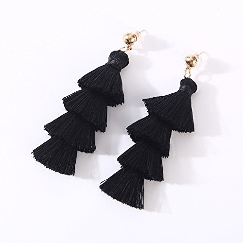 BaubleStar Tassel Earrings Handmade Tiered Thread Tassel Dangle Earrings, Multi Colors - color: Black