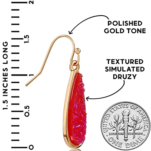 Teardrop Dangle Earrings for Women with Simulated Druzy Stones, in Gold or Rose Gold Tone - color: Gold - Hot Pink Stone