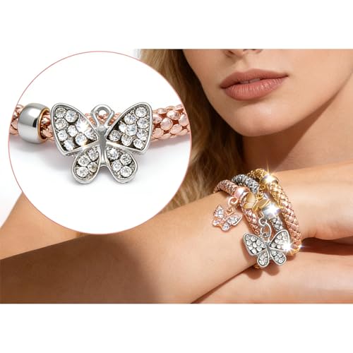 Alegend Titanium Steel (Not Rust, Resist Corruption, Easily Clean) 18K Gold Plated Single Bracelets + 14K Gold Plated Stackable Multilayer Bracelets - style: 14KGold Crystal Butterfly Diamond-Inlaid