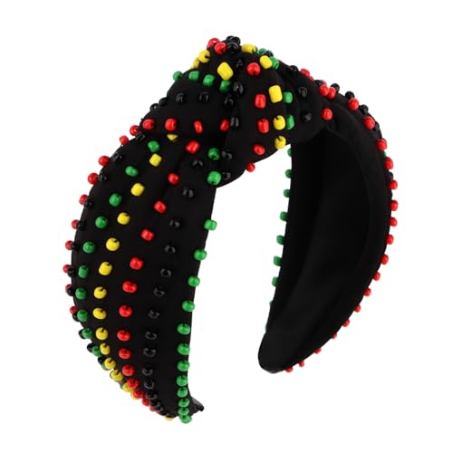 YISSION Juneteenth Beaded Knotted Headband for Women Girls - Red Green Yellow Black Rasta Colors Wide Turban Headband, Top Knot Fashion Hair Accessories for Holiday Party Everyday Wear - color: Red,Black,Green,Yellow