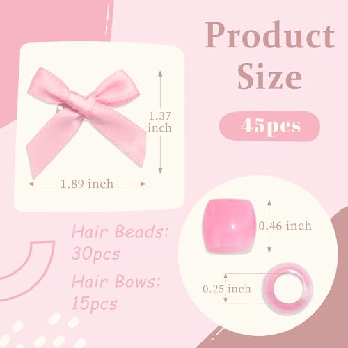 45PCS Pink Hair Bow Large Hair Beads for Braids Acrylic Loc Jewelry Beads Cute Bow Hair Clips for Women Girls - color: Pink