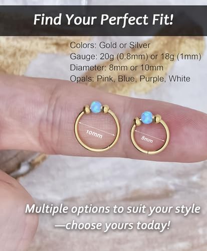 Opal Nose Ring Studs Horseshoe Nose Rings Hoops Stud 316L Stainless Steel Nose Rings Round CZ Square Screw L Shaped Nose Stud Hypoallergenic Nostril Piercing Jewelry for Women Men - color: Gold/Blue gem/18g 8mm hoop/Screw Studs