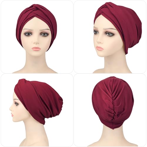 AQOKKA African Turban for Women Knotted Hair Wraps for Turban Head Scarf for Black Women Hair Cancer Chemo Headwear Cap - color: Twisted Braid: 1 Pack Burgundy
