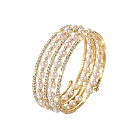Pearl Rhinestone Stretch Cuff Bracelet for Women Adjustable | Perfect for vintage weddings parties vacations and everyday wear - color: Gold A+