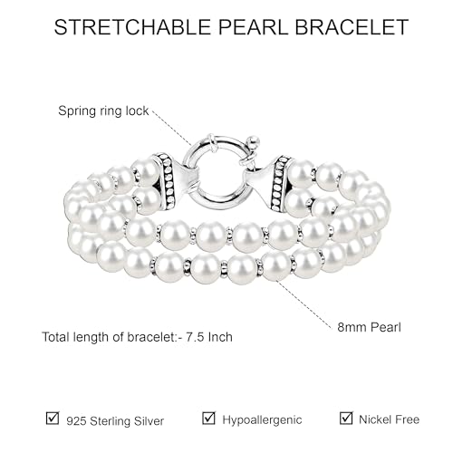 LeCalla Pearl Bracelets for Women in 925 Sterling Silver & 14K Gold-Plated Silver | Adjustable Pearl Bolo Bracelets | Handmade Sliding Chain Beaded Bracelet Jewelry Gifts for all Occasions - color: Two Strand Stretch Bracelet