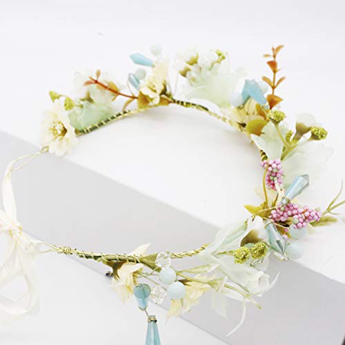 Vivivalue Pearl Flower Crown Floral Garland Headband Flower Halo Wedding Green - color: 9