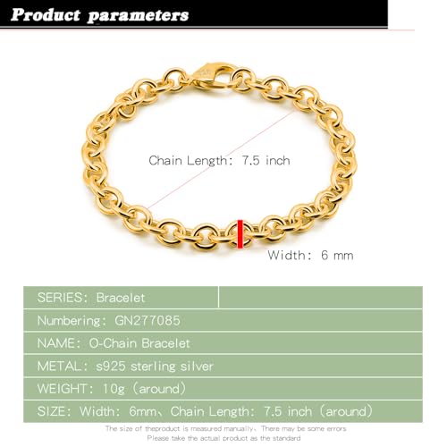 Dankadi 925 Sterling Silver Classic Round Cable Wire Link Bracelet Women Cuban Curb Oval Belcher Link Chain 5.9 to 9 in For Men 24k Gold Plated Cuff Jewelry Gift - color: 6MM Gold, size: 7 inch