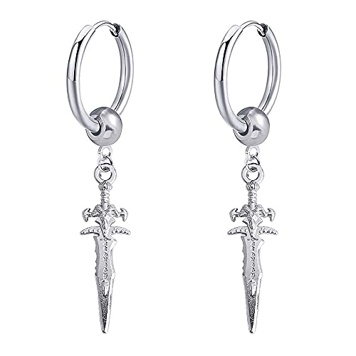 Sword Drop Dangle Small Hoop Earrings for Women Men Stainless Steel Engrave Dagger Halloween Statement Charms Drop Dangling Hoops Cuff Cartilage Wrap Vintage Punk Pray Jewelry - color: Silver