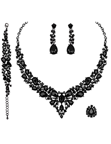 CSY 4 Pcs/Set Austrian Crystal Necklace Earrings Bracelet Ring Bridal Jewelry Sets for Brides Wedding Party Costume Accessories Gifts for Women - color: 02-black