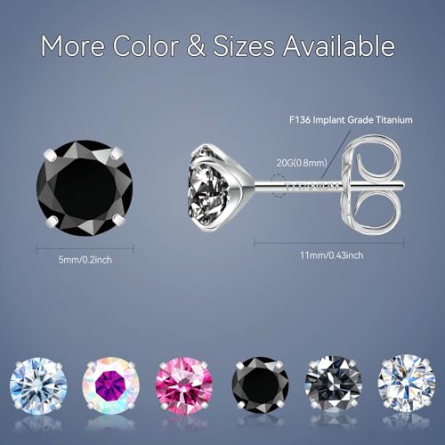 Moissanite Stud Earrings, G23 Hypoallergenic Titanium Stud Earrings for Women Men, Round Cut D Color VVS1 Clarity 18K White Gold Palted Multicolor Moissanite Jewelry, 0.6CT-3.0CT - color: Black, size: (0.5ct*2)-5mm-1.0 Carat