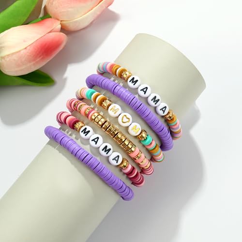 Elegance 11 designs Heishi Beaded Bracelets For Women Polymer Clay Colorful Surfer Stackable Beads Boho Bracelet Summer Beach Jewelry - color: Fresh Purple