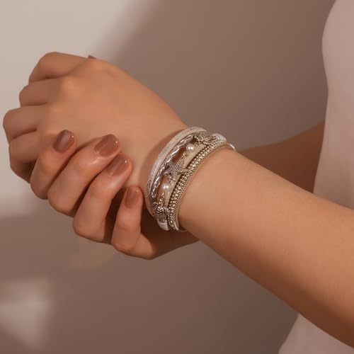 FANCY SHINY Turtle Starfish Leather Wrap Bracelet Boho Rhinestone Pearl Cuff Bracelets for Women Summer Beach Jewelry for Women - color: Silver