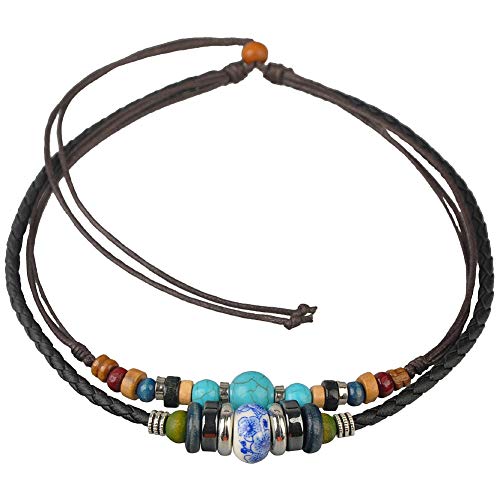 Ancient Tribe Boho Layered Leather and Hemp Choker Necklace with Turquoise and Ceramic Beads – Adjustable Double Cord Jewelry for Men and Women, 15 Inch Inner Cord