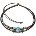 Ancient Tribe Boho Layered Leather and Hemp Choker Necklace with Turquoise and Ceramic Beads – Adjustable Double Cord Jewelry for Men and Women, 15 Inch Inner Cord