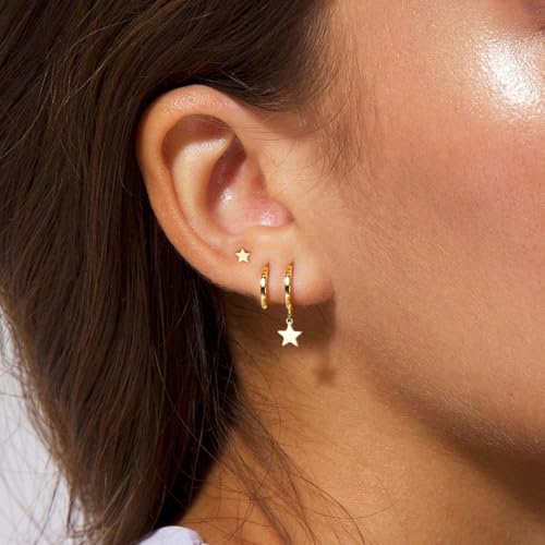 3 Pairs Small Earring Stacks, 14K Gold/Silver/Black/Rose Gold Plated Pearl Heart Butterfly Star Diamond Charm Drop Huggie Earrings Trendy Jewelry Gift for Women - color: Gold-Star