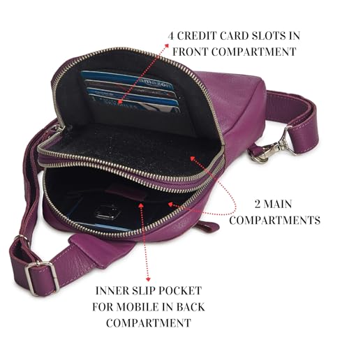 Leather Sling Bag for Women Genuine Crossbody Purse Small Trendy Cross Over Chest with Phone and Credit Card Slots (Amethyst Nappa) - color: Amethyst Nappa