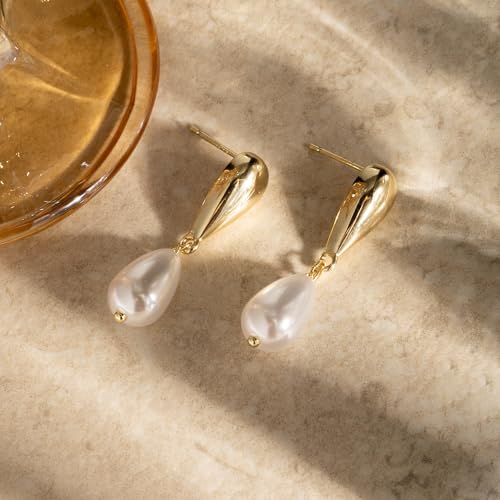 LLWOM Gold Silver CZ Teardrop Dangling, Pearl Drop Studs Dangle Earrings for Women Trendy, Hypoallergenic Jewelry Gift for Wedding/Party/Prom/Daily - color: Gold Pearl Teardrop