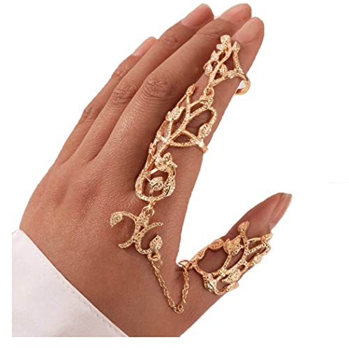 Yalice Charm Leaf Full Finger Ring Bracelets Dainty Knuckle Open Ring Harness Hand Chains Adjustable Statement Rings Jewelry for Women Gift - color: Gold