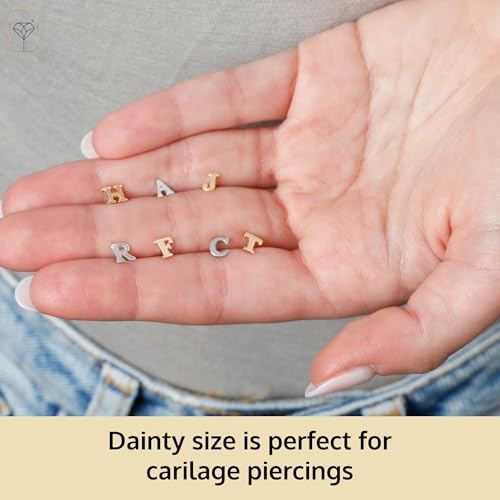 14k Gold Small Script Initial Letter Stud Earrings for Women | Anti Tarnishing 5mm 14k Gold Studs | A-Z Alphabet Earrings with Gift Box by MAX + STONE - style: E | Yellow Gold