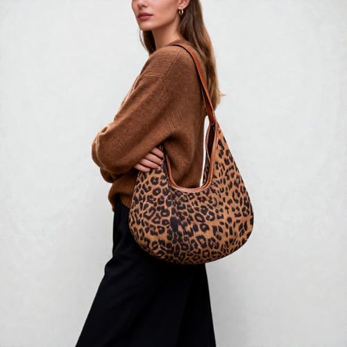 ENBEI Leopard Print Tote Bag for Women Leather Strap Shoulder Tote, Soft Faux Suede Large Tote with Button, Foldable Fashion hobo bag for Travel, Work & Daily Use | Leather Strap