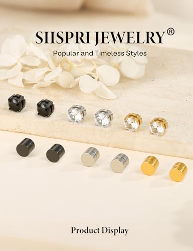 SIISPRI Magnetic Stud Earrings for Women Men Clip on Stud Earring Hypoallergenic Fake Earring Unisex Non Piercing CZ Halo Studs Diamond Earrings,Men's Aretes de lman - color: Black Gold Silver