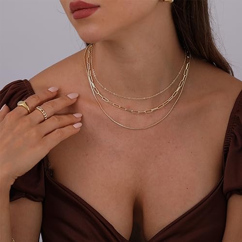 Amicon Dainty Layered Necklaces for Women Trendy Layered 14K Gold Plated Necklace Paperclip Box Chain Layered Necklace Set Jewelry Gifts for Women