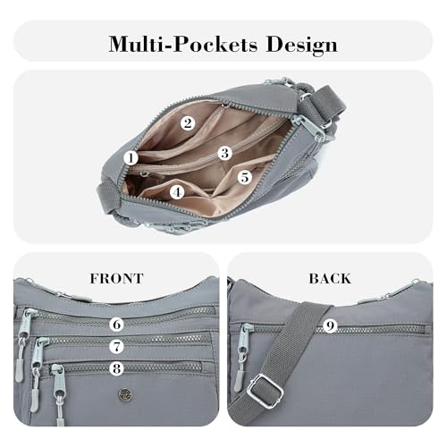 AOCINA Crossbody Bags for Women Multi Pocket Nylon Lightweight Ladies Purses Messenger Shoulder Handbags Satchel Travel Bag - color: Gray, size: Small