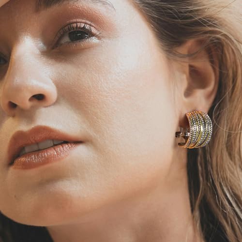 Mytys Two Tone Earrings for Women Gold and Silver Crossover Half Hoop Statement Earring Designer Stud Earrings - color: Gold & Silver