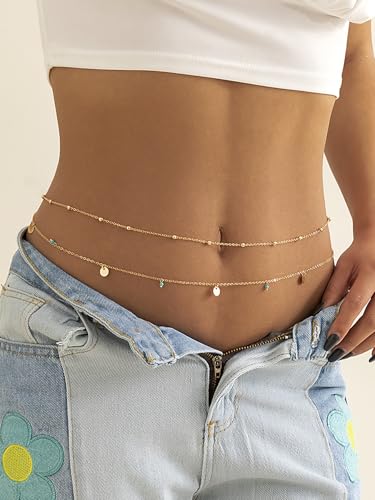 MODRSA Gold Body Chain Jewelry for Women Back Necklace for Backless Dress Backdrop Pearl Rhinestone Belly Chain Waist Chains Bra Chains Lingerie Summer Bikini Bodychain Trendy Sexy Stomach Jewelry - color: C2- Waist chain - blue beads gold