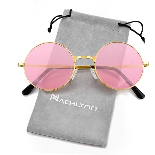 NACHLYNN Round Hippie Sunglasses Metal Border Circle Hippie Glasses UV380 Protection 70s Sunglasses for Men Women Party Favor - color: Pink