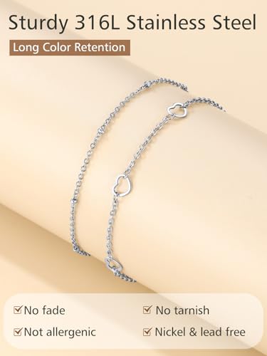 FindChic Black/Silver/Gold Plated Anklets Set of 2PCS/3PCS Herringbone Chain Cuban Link Heart Charm Sparkling Tennis Ankle Bracelets, Waterproof Summer Foot Jewelry for Beach - color: 07. Silver-Layered Heart Charm
