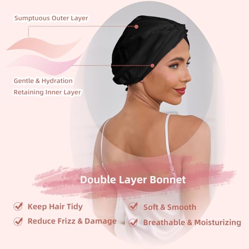 Adjustable Silk Satin Hair Bonnet for Sleeping Women, Double Layer, Silk Hair Wrap for Sleeping Women Men, Curly Natural Braid Straight Unisex - Black - color: Black