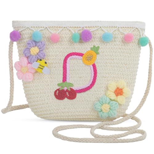 Letter Small Woven Straw Summer Beach Tote Bag for Women 2025,Woven Straw Beach Purse Shoulder Crossbody Bag for Women 2025 - color: White D