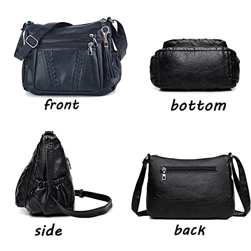 ELDA Crossbody Bags For Women Pocketbooks Soft PU Leather Purses and Handbags Multi Pocket Shoulder Bag - color: Black