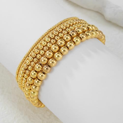Gold Bracelets for Women 14K Gold Plated Beaded Non Tarnish Bracelets Stretch Bead Ball Bracelet Stack Set Jewelry for Gifts - color: D SET 6PC