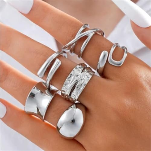 Knuckle Rings Set for Women, Chunky Stackable Joint Finger Statement Rings Vintage Adjustable Hollow Carved Midi Ring Pack Punk Aesthetic - style: A-6Pcs