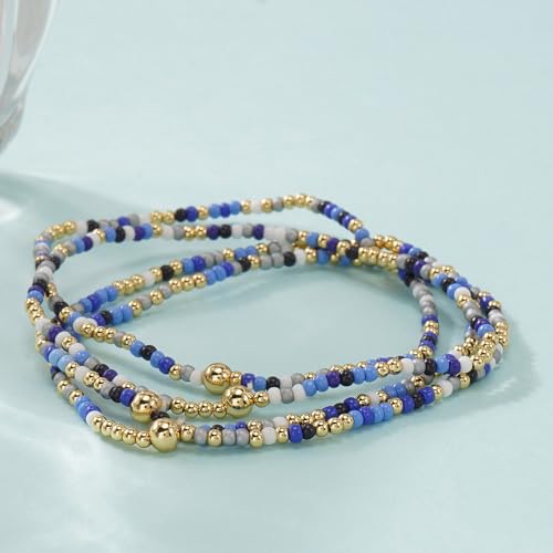 Boho 4Pcs Stack Colorful Small Seed Beaded Bracelets Set for Women, Cute Handmade Dainty Trendy Gold Plated Stretch Accessories Thin Glass Jewelry, Summer Daily Party Friendship Gift - color: Royal Blue