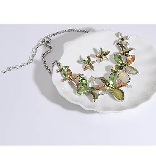 AMYJANE Vintage Statement Jewelry Set - Spring Leaf Flower Floral Plant Necklace Earring Set Crystal Rhinestone Fashion Costume Jewelry for Women Prom Party Unique Gift - style: Flower Jewelry Set Green