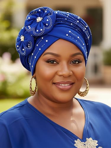Woeoe Beanie Cap Head Wrap Black Rhinestones Head Scarf Flower Pearls Twisted Head Turban for Women Girls - color: Blue