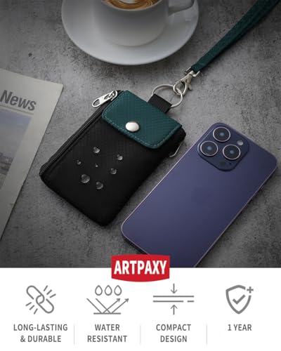 Artpaxy Minimalist Wallet For Mens Womens, Keychain RFID Blocking Zipper Small Wallet with ID Window 2 Lanyards,Water Resistant Travel Cash Card Coin Case Boys Girls - color: Green Black, style: Casual