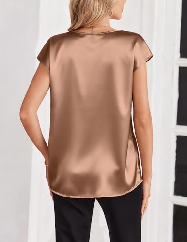 Zeagoo Women Silk Satin Tops Cap Short Sleeve Blouse V Neck Shirts Business Casual Outfits S-2XL - color: Light Coffee, size: XX-Large