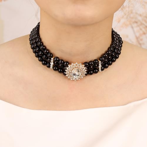 Bethynas Boho Layered Pearl Rhinestones Choker Necklace Vintage Chunky Pearl Crystal Pendant Short Necklace Chain Bridal Prom 1920s Costume Party Jewelry for Women - color: Pearl 8 - black