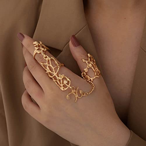 Yalice Charm Leaf Full Finger Ring Bracelets Dainty Knuckle Open Ring Harness Hand Chains Adjustable Statement Rings Jewelry for Women Gift - color: Gold